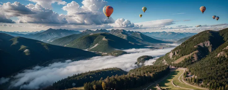 Divine bird&#39;s eye view of the mountains and horizon, beautiful clouds, several balloons are flying with people in a basket attached to them, studio lightning, mountains covered with oak forests, снято на Canon EOS 5D Mark IV, снято на Canon EOS 1D X Ma...