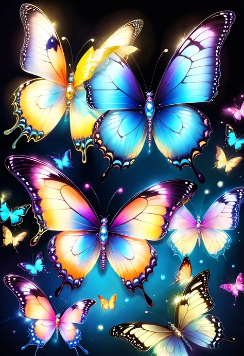 tmasterpiece，Best quality，(nothing but butterflies)，(without humans),butterfly neon wings，from beginning to end to the end，Delicate butterflies，The sheen，inverted image，sparkling gemstones，Elegant and noble,simple backgound