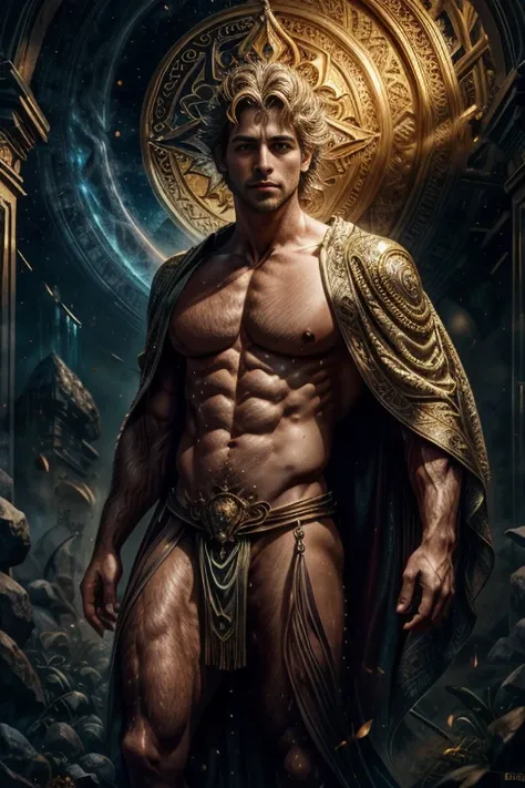 ((1 homem vestido com uma toga)), um deus do Olimpo, ((deus masculino de extrema beleza e charme)), ((com longos cabelos ruivos,)) mythological beings, ((ao fundo colunas gregas com um cavalo mistico)), piece of master, corpo inteiro , por chunie, por dark...