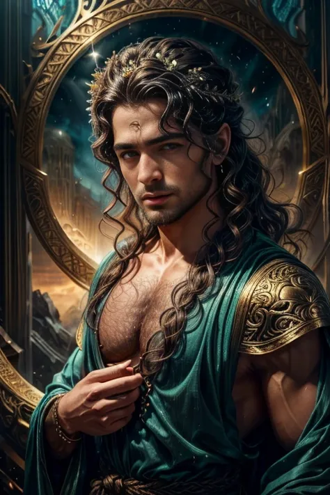 ((1 homem vestido com uma toga)), um deus do Olimpo, ((deus masculino de extrema beleza e charme)), ((com longos cabelos ruivos,)) mythological beings, ((ao fundo colunas gregas com um cavalo mistico)), piece of master, corpo inteiro , por chunie, por dark...