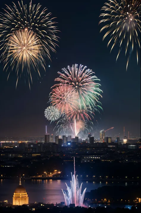 fireworks in the sky，Lots of fireworks，Fireworks filling the sky，Top view of a futuristic giant skyscraper，Lots of fireworks，Arafed image of a building，There are windows that are illuminated at night, Inspired a lot by Andreas Gursky，janelas, pale . Millio...