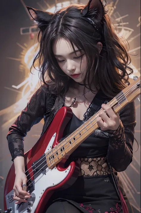 Woman playing bass live、brunette disheveled hair、Intricate 4-string bass:1.2、Anatomically correct fingers、Fender Precision Base、Only one base、Cats ears