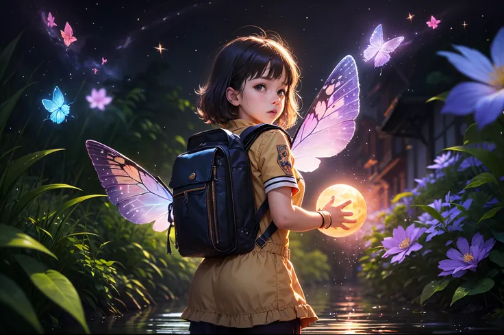 （（Best quality at best））， （（tmasterpiece））， （Detailed pubic hair：1.4），（（（Giant glowing butterfly））），Dance，Enhanced dynamic viewing angle，jungles，（（（nighttime scene））），themoon，（（Little adventurer standing in front of giant butterfly，The butterfly spreads it...