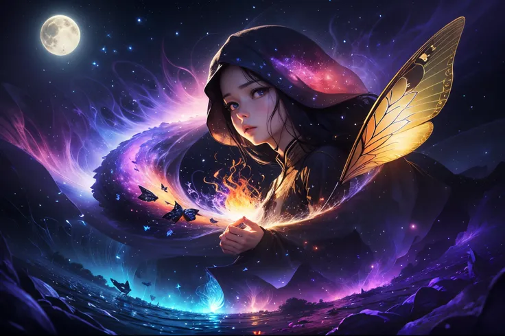 （（Best quality at best））， （（tmasterpiece））， （Detailed pubic hair：1.4），（（（Giant glowing butterfly））），Enhanced dynamic viewing angle，jungles，（（（nighttime scene））），themoon，（（The butterfly spreads its huge wings，shimmering under the moonlight，A river of stars ...