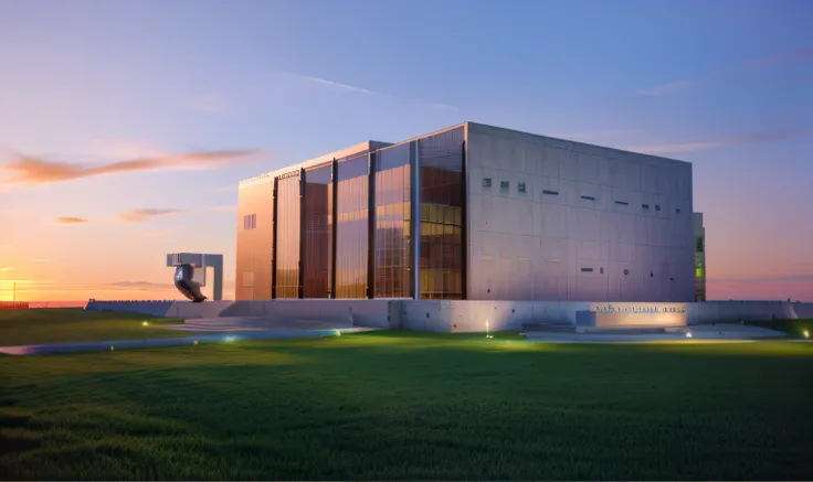 a rendering of a plaza in front of one office building,
stone pathway to building and from right to left,
one steel sculpture on the left and one steel sculpture on the right,
hilly grass between building and plaza,
((nice grass lawn)),
beautiful sky,
dayl...