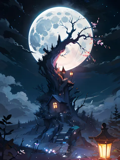 Night time, twisted old ruin tree, dark midnight forest, pabel,rock, dried tree, spooky vibe, moonlight scenary,mesmerizing view,,digital painting, starry sky,moon,wind up,concept art, illustration,