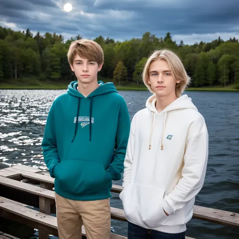 16 year old male with green eyes and shoulder length blonde hair, Her attire is a casual white and blue hoodie.，Next to him stands a 16-year-old boy with brown eyes and short black hair.。They are on a boat on a lake in a Nordic forest，A big full moon shine...