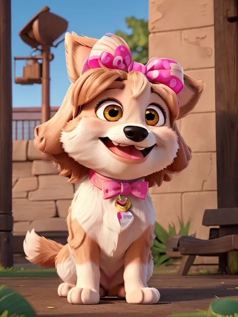 Pixar style poster with a happy shitzu dog with a pink bow holding the hair above her eyes in a park with her mouth open and her tongue out, looking smiling, white fur with some beige highlights