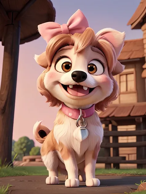 Pixar style poster with a happy shitzu dog with a pink bow holding the hair above her eyes in a park with her mouth open and her tongue out, looking smiling, white fur with some beige highlights