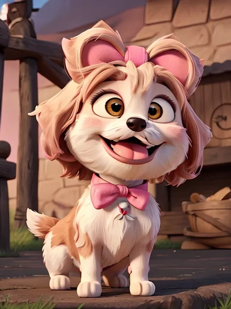 Pixar style poster with a happy shitzu dog with a pink bow holding the hair above her eyes in a park with her mouth open and her tongue out, looking smiling, white fur with some beige highlights