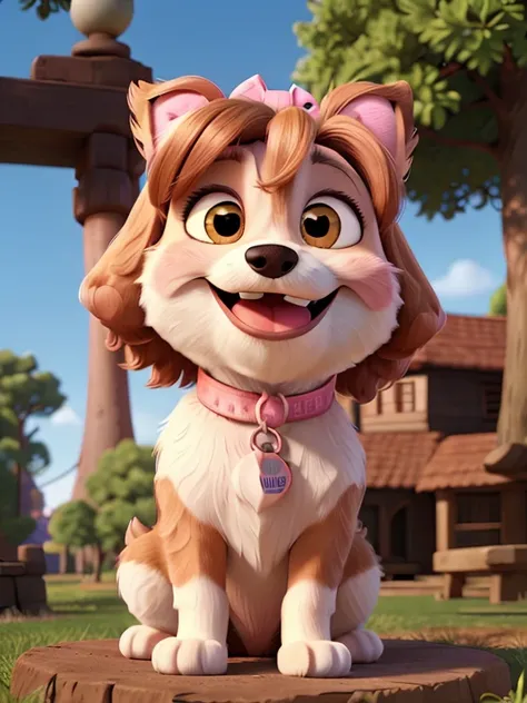 Pixar style poster with a happy shitzu dog with a pink bow holding the hair above her eyes in a park with her mouth open and her tongue out, looking smiling, white fur with some beige highlights