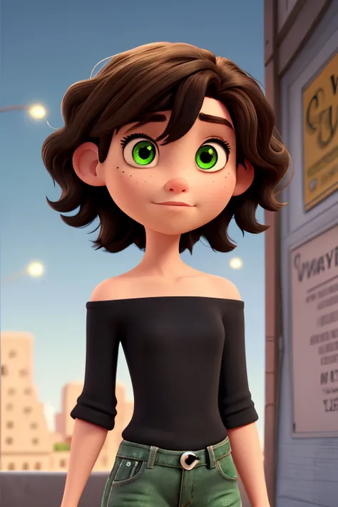 movie poster in Disney Pixar style , girl hair dark brown , eyes the right eye is brown and the left eye is green, light skin, skinny hair straight to shoulders ,  dressed in revealing black clothes