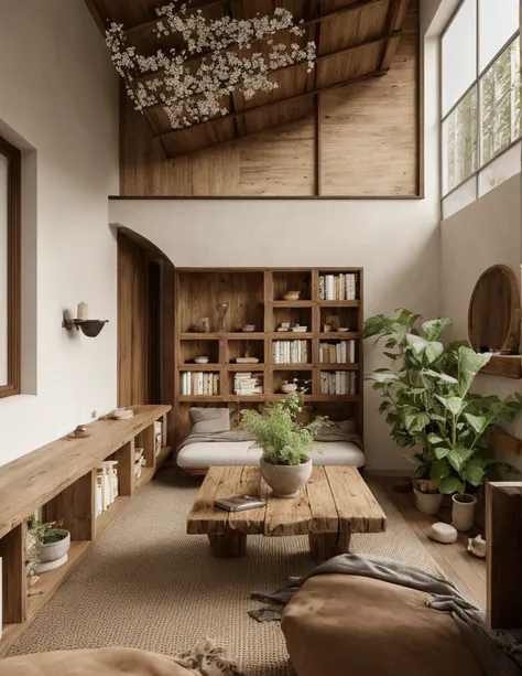 wabi sabi livingroom interior, large glass window, garden outside, dinning table and chair, couch, rough-hewn wood coffee table,...