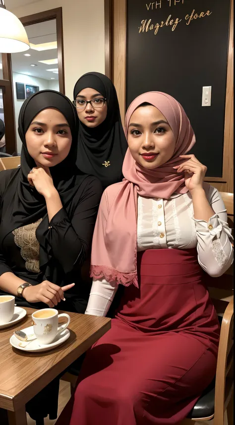 A photo of a young, nerdy malay woman in hijab sitting in a cafe with 1 malay women in summer outfit standing behind, malay woman wearing dressing in skirts, dresses, and blouses with cute details like bows or ruffles, flounces and lace, surrounded by a co...