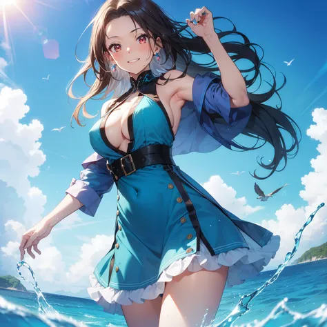 (masutepiece,Best Quality,8K),(extremely detailed CG1.1),Girl standing on the surface of the water emitting a beautiful light,Smile,large boob,(From below:1.2),Intricate details , Hyper realistic, Perfect Anatomy,A dark-haired,Red Eyes,(((Forehead))),Perme...