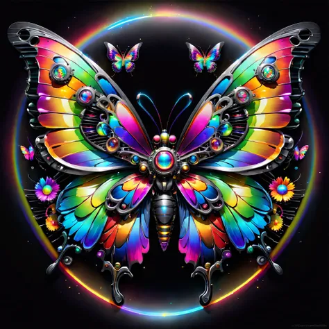 pixel sorted，Futuristic fantasy butterfly，Sci-fi butterflies，Futuristic butterflies，Mechanical butterfly，Fly petals，Metal polished mechanical butterfly painting on black background,Rainbow with neon wings，Form different structures， stunning render, Magical...