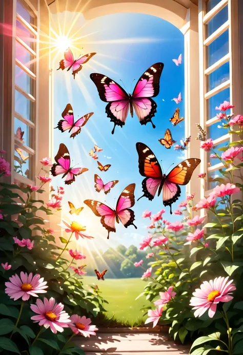 Butterflies flying over the flower bed，The background is sunny, Butterflies and sunlight, butterflies flying, Flowers and butterflies, harmony of butterfly, Glowing pink butterfly, Butterfly in the foreground, butterfly flying in the sky, A beautiful photo...