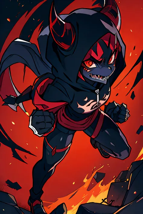 (masterpiece), best quality, perfect face, expressive eyes, demonic, horns, glowing eyes, red eyes, angry, sharp teeth, baron-like, feminine figure, slim build, human sized, female, hoodie on, hood over head, black skin, shiny marks on skin, full body view...