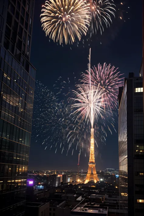 fireworks in the sky，Lots of fireworks，Fireworks filling the sky，Top view of a futuristic giant skyscraper，Lots of fireworks，Arafed image of a building，There are windows that are illuminated at night, Inspired a lot by Andreas Gursky，janelas, pale . Millio...