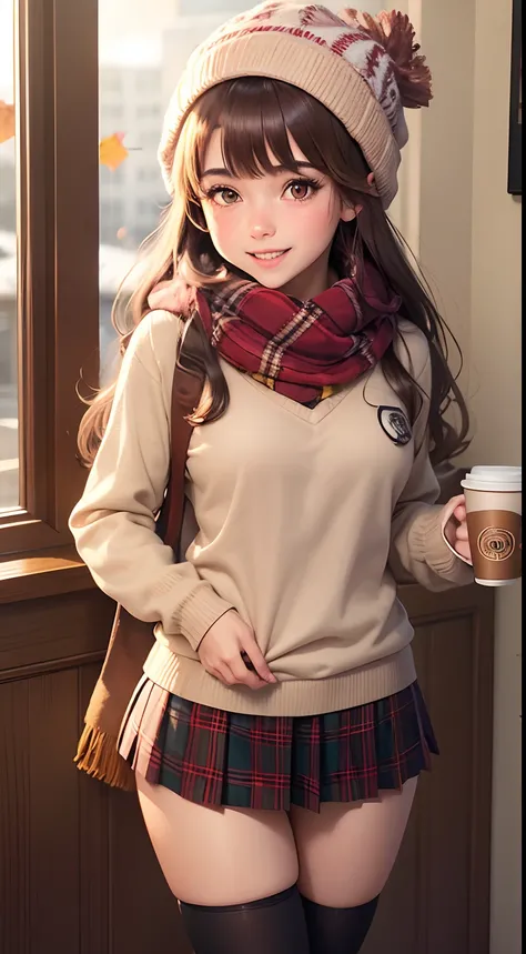 1girl in, Autumn leaves, Bangs, black headwear, Blurry background, blush, Brown eyes, Brown hair, brown scarf, Brown skirt, Cardigan, Coffee, Cowboy Shot, cup, Disposable cups, Drink, Falling leaves, Beanie, Holding, Hold drinks, fronds, Long hair, Long sl...