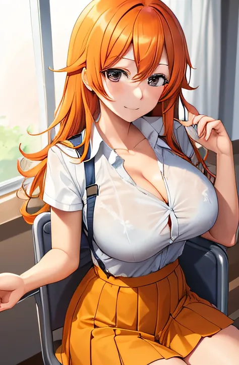 masterpiece, best quality, finely detailed, one piece, nami, orange hair, pleated skirt, (school uniform), huge breasts, cleavage, classroom,