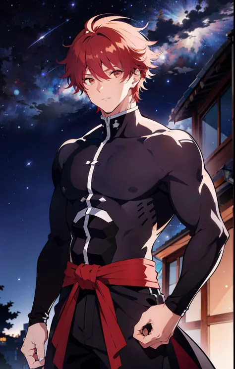 um  homem com uma roupa preta forte, 20 anos , he will be redhead  , olhos da cor vermelho ,  he will have a face similar to Gintoki Sakata  , the background will be a starry night landscape  ,  arte estilo anime  jujutsu kaisen