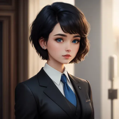 A dark-haired, blue-eyed young woman, dressed in a stylized and detailed black suit. Short haircut