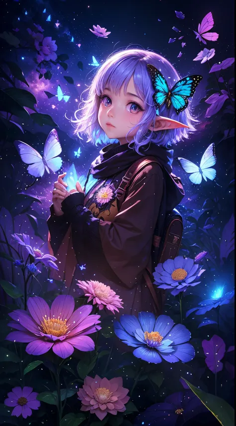 Elf Girl，butterfly wings，Glowing light，Colorful，（（Best quality at best））， （（tmasterpiece））， （（（Giant glowing butterfly））），dance，Enhanced dynamic viewing angle，jungles，（（（nighttime scene））），themoon，（（The butterfly spreads its huge wings，shimmering under the...