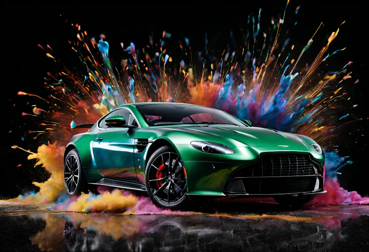 2023 aston martin v8 vantage, studio background, paint exploding in the background