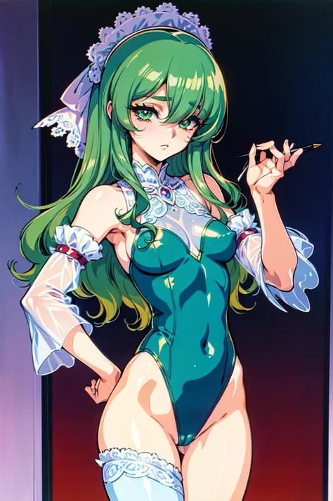 (masterpiece:1.1), best quality, NSFW, 
1girl, (80s anime style:1.3), (eyelashes:1.5), (loli:1.2), 
(intricate high detailed body:1.2),
green hair, (hair over one eye:1.1), (long hair, wavy hair:1.1), 
green eyes, (lip stick:1.2), 
slender body, small brea...