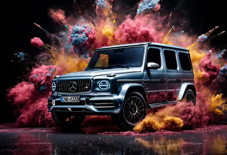 2020 mercedes class g, studio background, paint exploding in the background