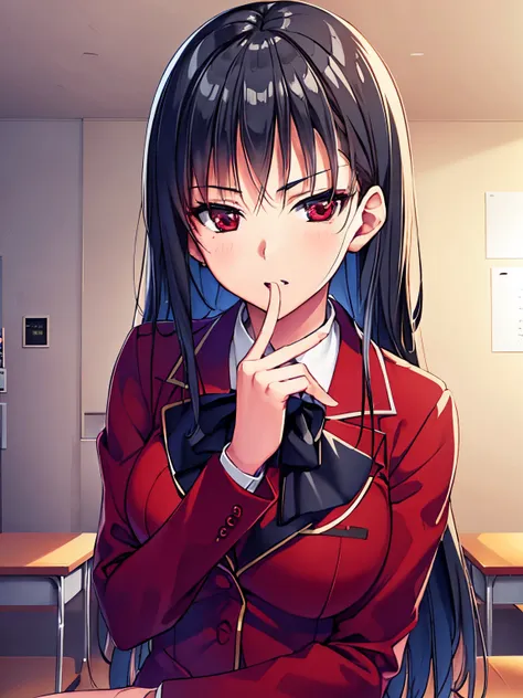 a woman in red school uniform,black hair, red eyes, classroom
masterpeace, best quality, (extremely detailed cg:1.4), highly det...