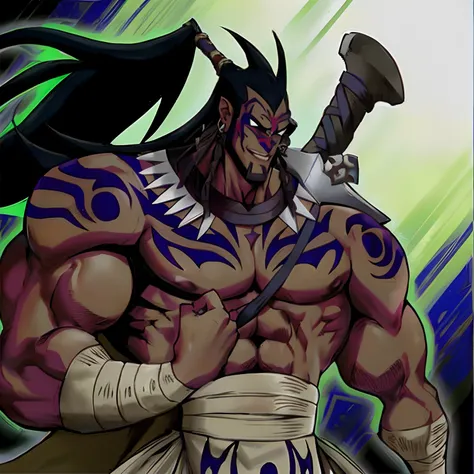 Un primer plano de una caricatura de un hombre con una espada, male djinn man demon hybrid, djinn hombre demonio masculino, musculoso humanoide Balrog demonio, djinn human hybrid, Dios enojado Anubis, Dios legendario sosteniendo lanza, Imagen de un guerrer...