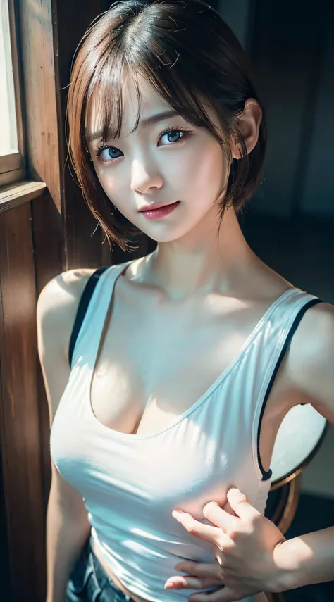 Innocent 20 year old girl、((White tank top, Dramatic poses)),Smile,short-cut,inside in room、Raw photo, (8K、top-quality、​masterpiece:1.2)、(intricate detailes:1.4)、(Photorealsitic:1.4)、octane renderings、Complex 3D rendering ultra detail, Studio Soft Light, R...