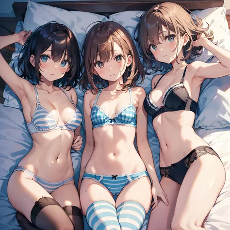 NSFW ４ｋqulity, top-quality, Misaka_mikoto, Brown-eyed, Short_hair, Ultra-small_Breast,）On a hotel bed　Blue lingerie　１６age　sexypose　Bewitching　Break white bra for heavy sweating、Pink bra、Blue bra、Green bra、Greybra、Light grey bra、 Striped bra、Polka Dot Bra、P...