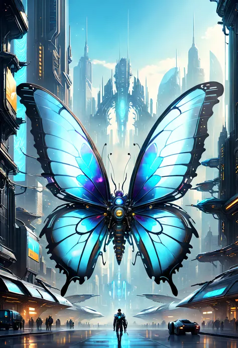 Translucent ethereal mechanical butterfly，The future king of butterflies，Mechanical wings，futuristic urban background，Beautiful sci-fi art, Sci-fi digital art illustration, Digital Cyberpunk Art, science fiction digital painting, futuristic digital paintin...