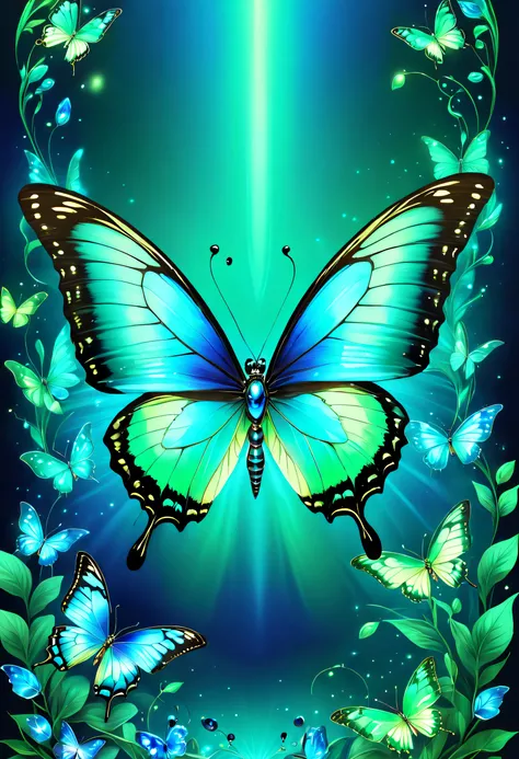 tmasterpiece，Best quality at best，(nothing but butterflies)，(NOhumans),Butterfly neon wings，From beginning to end to the end，Delicate butterflies，The sheen，inverted image，Sparkling blue-green gemstones，Elegant and noble,simple backgound