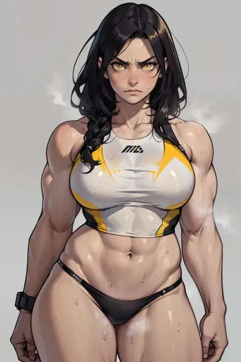 girl black hair, yellow eyes, solo, sweaty, shiny skin, angry, pale skin, ((((muscular, 1girl)))), curvy, thin waist, very long hair, sweaty, swimsuit grey background