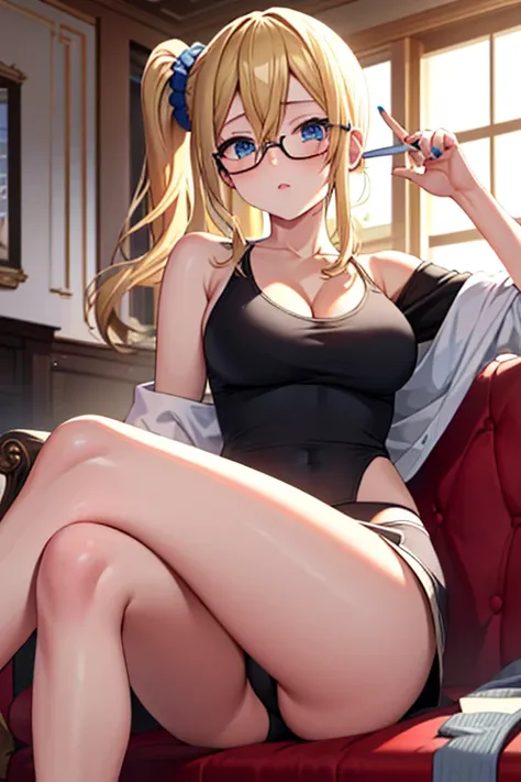 masterpiece, best quality, AiHayasakaV4, 1girl, solo, breasts, blush, blue eyes, blonde hair, bed,, hair ornament, hair between eyes, nail polish, side ponytail, black glasses, scrunchie, hair scrunchie, blue nails, blue scrunchie, blue swimsuit, medium cl...