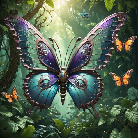 futuristic ethereal butterfly，sci-fi butterflies，futuristic butterflies，mechanical butterfly，futuristic jungle background，tmaste...