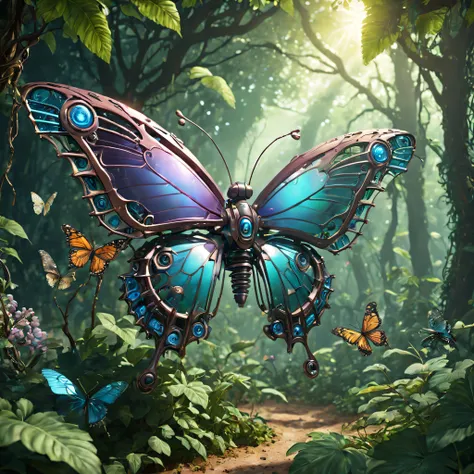 Futuristic ethereal butterfly，Sci-fi butterflies，Futuristic butterflies，Mechanical butterfly，Futuristic jungle background，tmasterpiece，（Very detailed CG unified 8k wallpaper），（Best quality at best），（Best Best Illustration），（The best shadow），The background ...