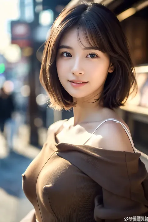 Tall woman with brown hair,fashion modell、 22 years old、Standing whole body、Streets of Tokyo、White off-shoulder blouse、goddes、bloom、lensflare、Smile here(8K、raw、proffesional、top-quality、​masterpiece:1.2)、(realisitic、Photorealsitic:1.37)、ultra-detailliert、(2...