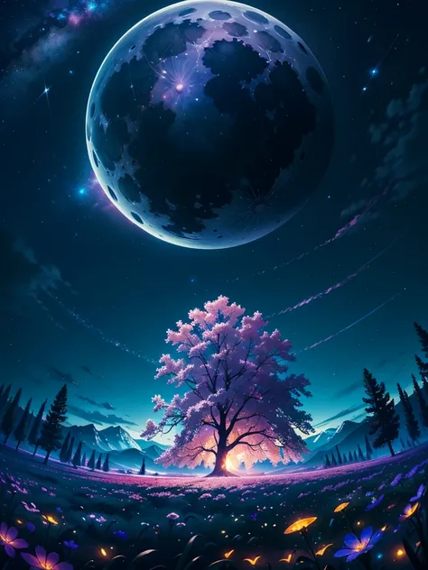 expansive landscape photograph , (a view from below that shows clear sky and open field below), a girl standing on flower field looking up, (full moon:1.2), ( shooting stars:0.9), (nebula:1.3), mountain, tree, production art, (warm light source:1.2), (Fire...