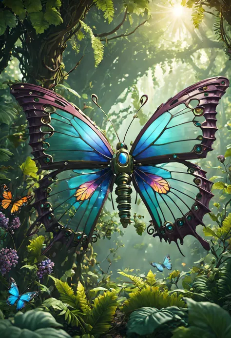 futuristic ethereal butterfly，sci-fi butterflies，futuristic butterflies，mechanical butterfly，futuristic jungle background，tmaste...