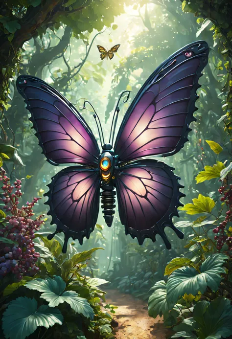 Futuristic ethereal butterfly，Sci-fi butterflies，Futuristic butterflies，mechanical butterfly，Futuristic jungle background，tmasterpiece，（Very detailed CG unified 8k wallpaper），（Best quality），（Best Best Illustration），（The best shadow），The background is a for...