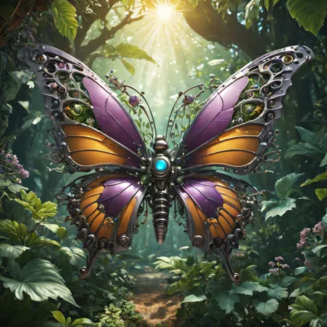 futuristic ethereal butterfly，sci-fi butterflies，futuristic butterflies，mechanical butterfly，futuristic jungle background，tmaste...