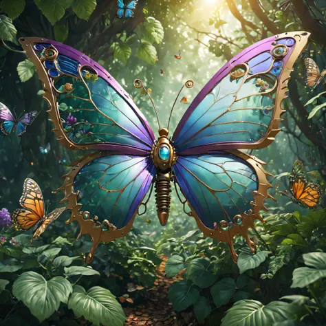 Futuristic ethereal butterfly，Sci-fi butterflies，Futuristic butterflies，mechanical butterfly，Futuristic jungle background，tmasterpiece，（Very detailed CG unified 8k wallpaper），（Best quality），（Best Best Illustration），（The best shadow），The background is a for...