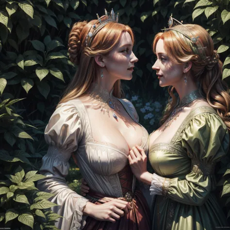 (Queen Elizabeth I) and (Queen Elizabeth II) having afternoon tea in the garden of Eden and with their hands on each others breasts and making out while embracing tightly, detailed face, detailed eyes, happy laughter, insanely detailed and intricate, ultra...