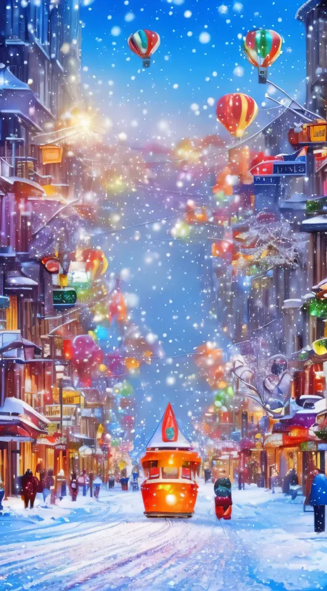 Beautiful, ​masterpiece, Beautiful digital art, colourfull, Beautiful colors, Urban cityscape, Winter scenery, Its snowing a little, snow piling up in the city, There&#39;s a rainbow in the sky, blimp, Christmas Eve, balloons, Smiling person々, carnival day...