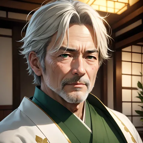 Realistic anime style, from the front, close-up on the face, Man, Japanese, 55 years old, age marks on the face, loose medium gray hair, no beard, green eyes, traditional Japanese nobility clothing in white, gold and green, fixed gaze and seriously, in a J...